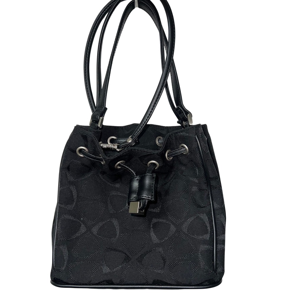 Liz Claiborne Black Jacquard Monogram Drawstring Bucket Baguette Shoulder Purse